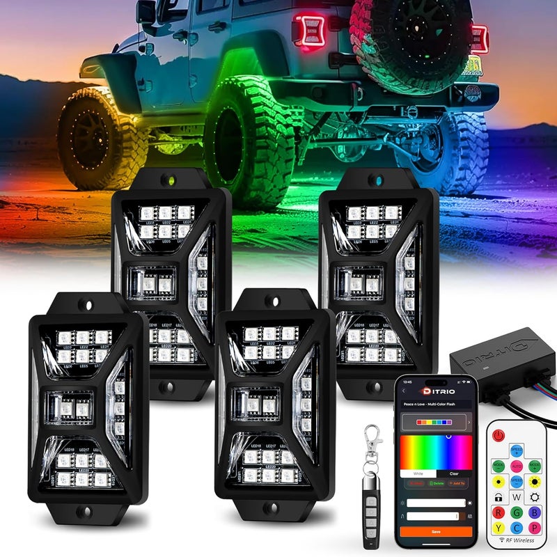 DITRIO 4 Pods Five Sided RGB Rock Lights for Trucks Jeep UTV SUV ATV Golf Cart, Multi Chasing Color App/Remote Control Led Rock Lights with Music Mode, Waterproof Exterior Underglow Kits for Cars - Image 1